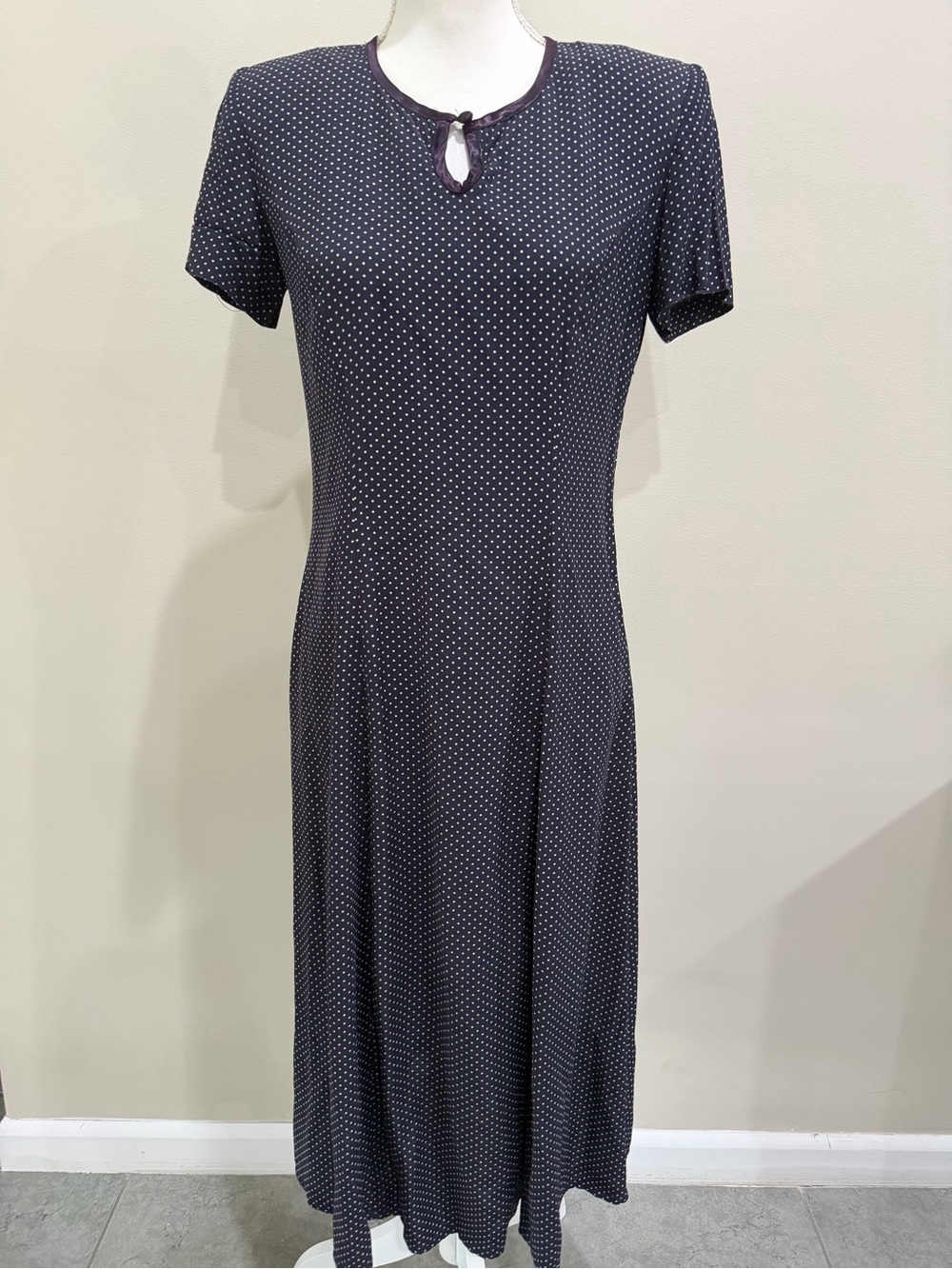 Vintage E.D. Michaels Midi A-Line Dress Size 4P Polka Dots Navy Blue Made In USA